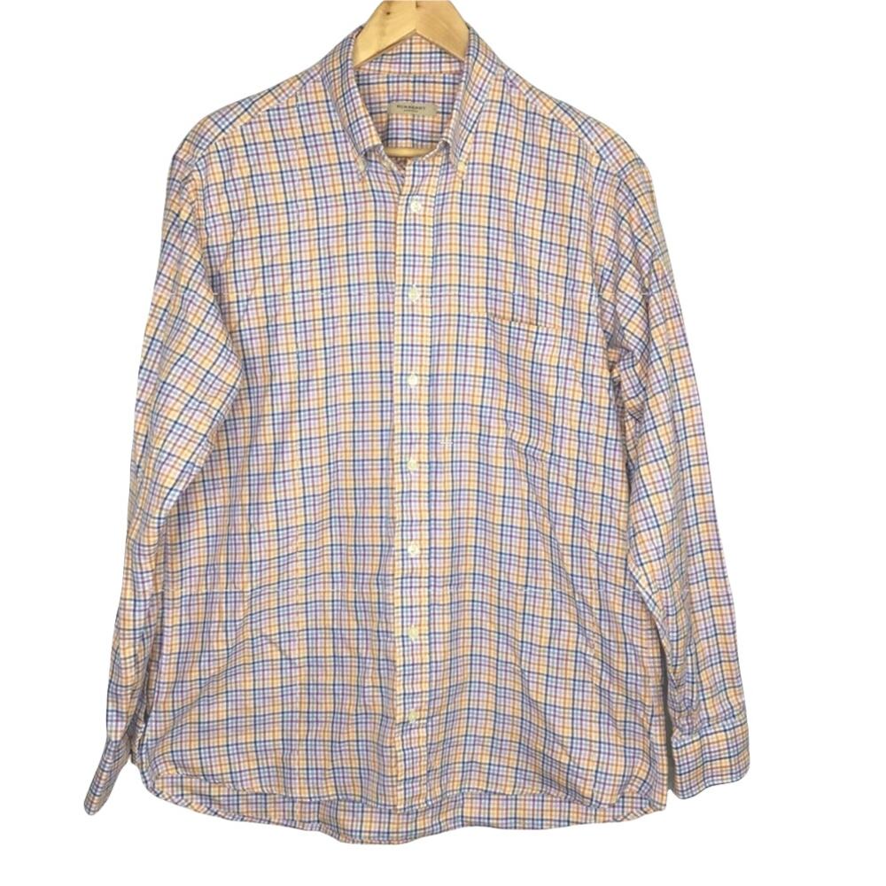 Burberry Men’s Checkered Orange & Blue Sports Button Down Shirt Size Large